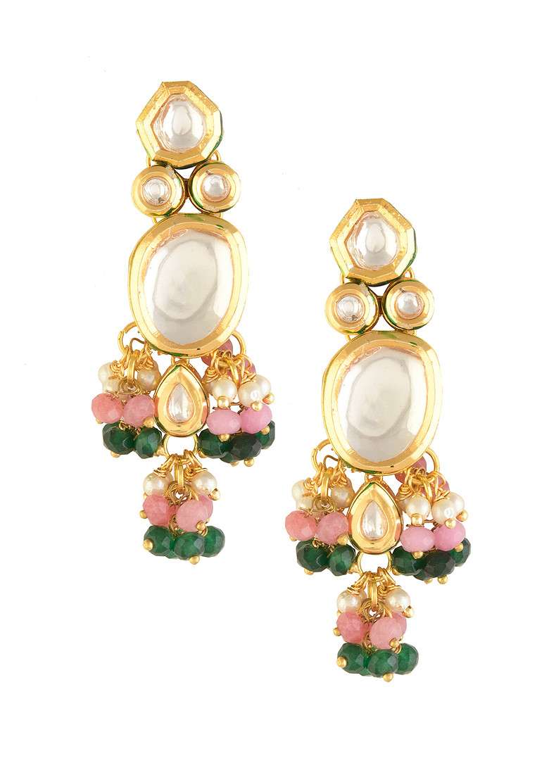 Pink And Green Gold Tone Kundan Earrings - Indya