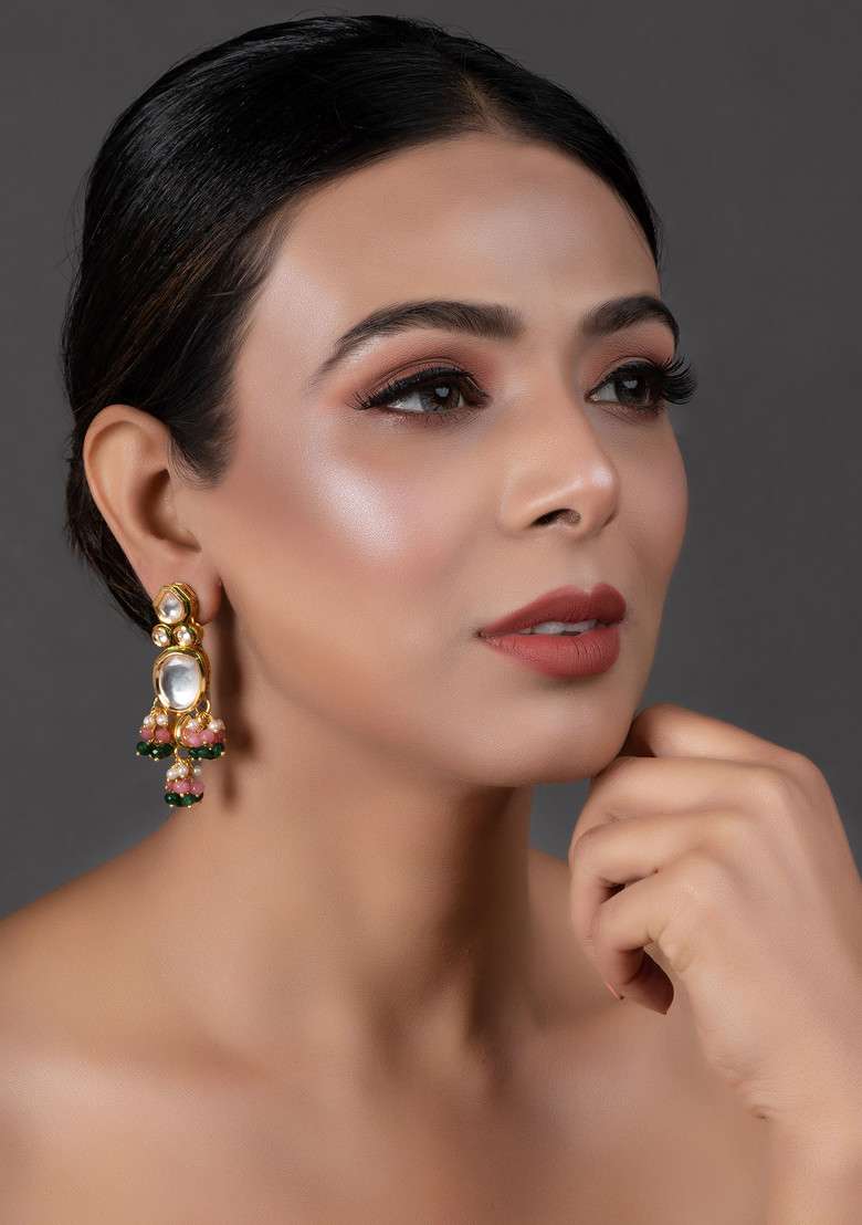 Pink And Green Gold Tone Kundan Earrings - Indya