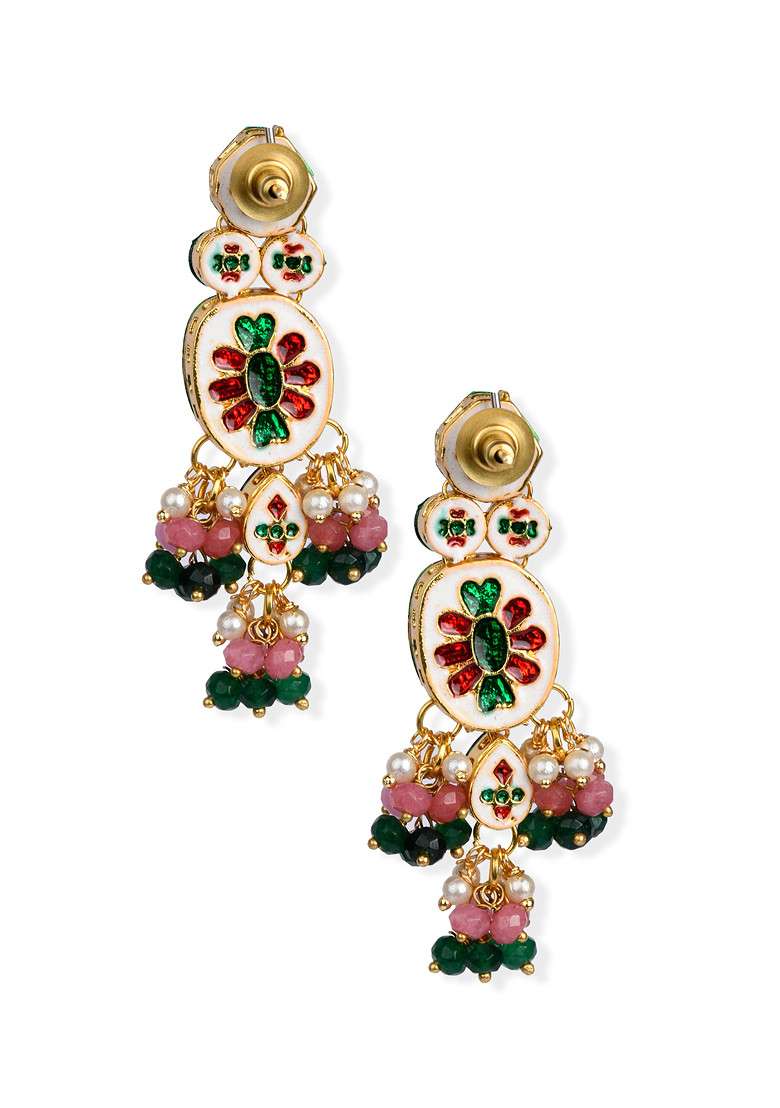 Pink And Green Gold Tone Kundan Earrings - Indya