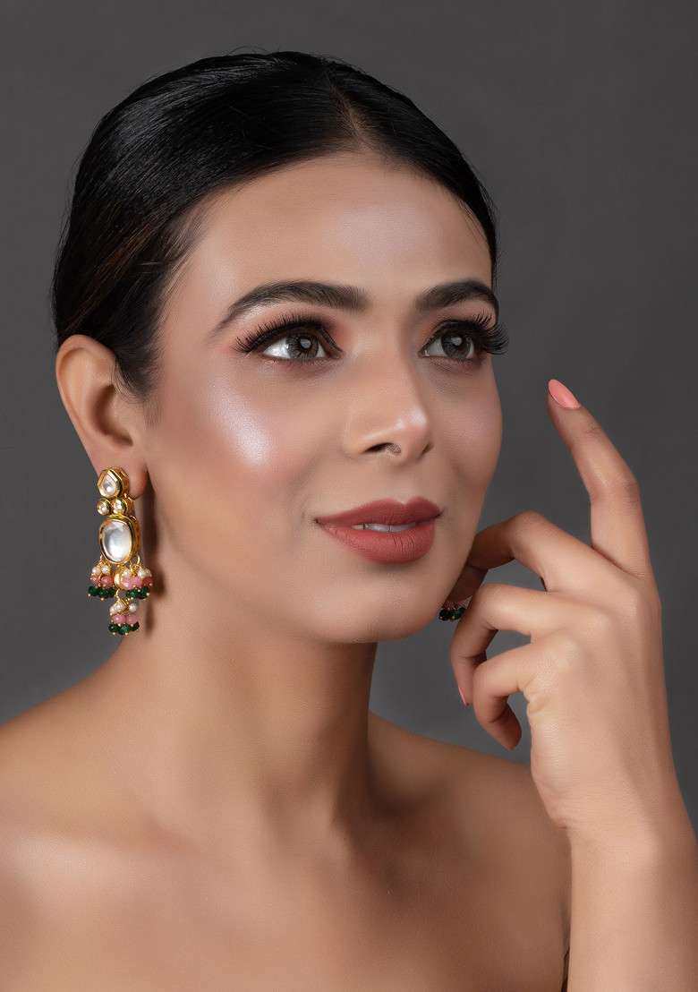 Pink And Green Gold Tone Kundan Earrings - Indya