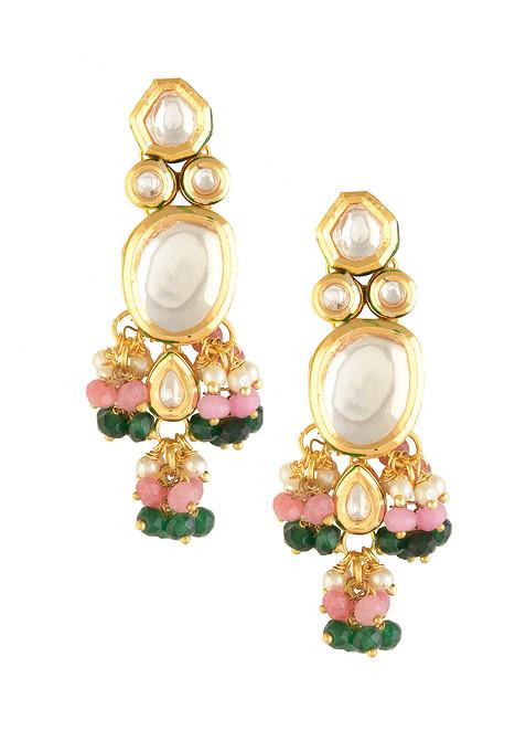 Pink And Green Gold Tone Kundan Earrings