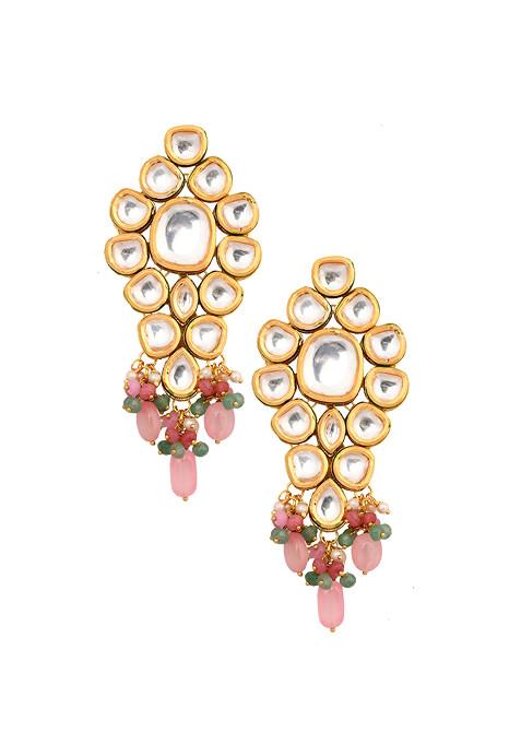 Pink And Green Gold Tone Handcrafted Kundan Earrings