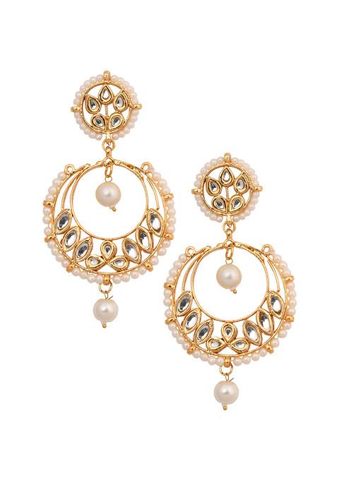 Silver Pearl Bead Kundan Drop Earrings