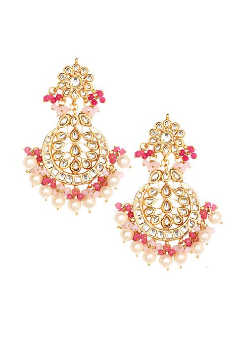 Pink Bead Gold Tone Pearl Kundan Earrings