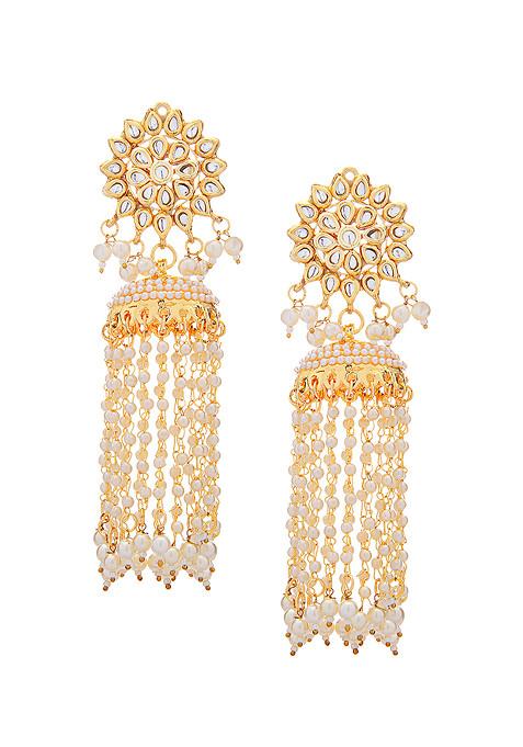 Gold Tone And White Kundan Drop Earrings