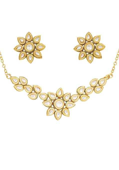 White Gold Tone Floral Kundan Necklace And Earrings Set