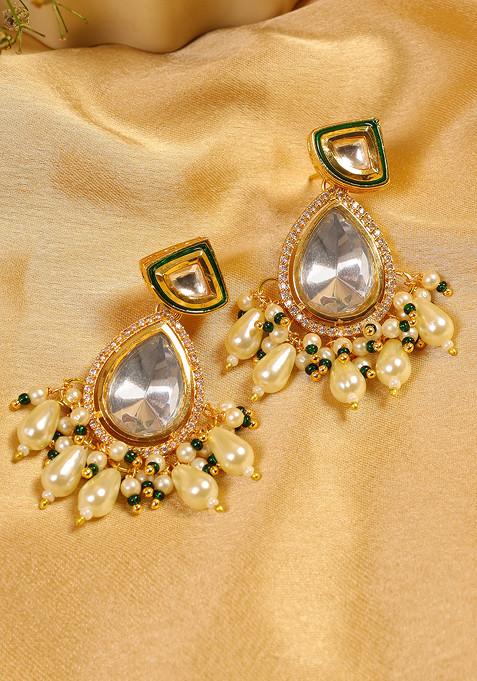 White Golden Kundan Pearl Polki Drop Earrings