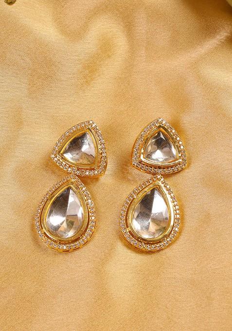 White Gold Tone Handcrafted Triangular Kundan Polki Drop Earrings