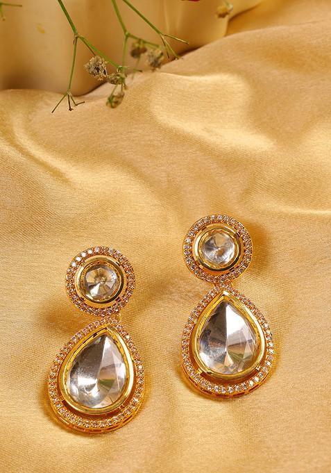 White Gold Tone Uncut Kundan Polki Drop Earrings