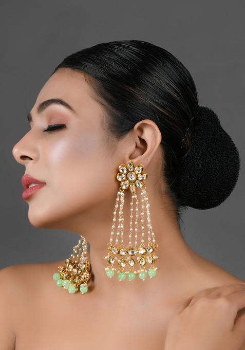 Green And White Gold Tone Kundan Pearl Chain Earrings