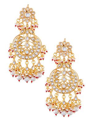 White Gold Tone Kundan Crescent Shaped Earrings