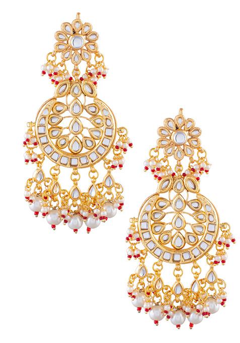 White Gold Tone Kundan Crescent Shaped Earrings