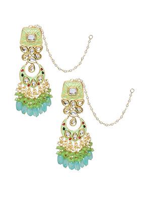 Light Green Gold Tone Kundan Studded Handcrafted Earrings