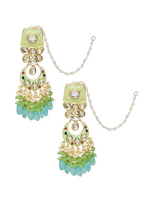 Light Green Gold Tone Kundan Studded Handcrafted Earrings