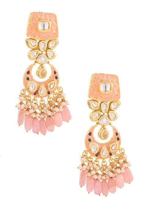 Peach Enameled Kundan Studded Earrings