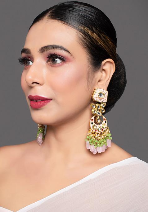 Pink And Green Gold Tone Bead Kundan Studded Handcrafted Earrings