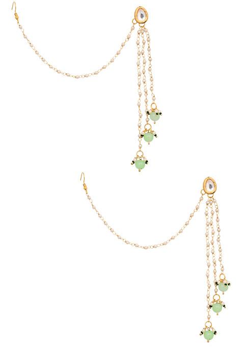 White And Green Gold Tone Kundan Pearl Tassel Earrings With Hair Chain