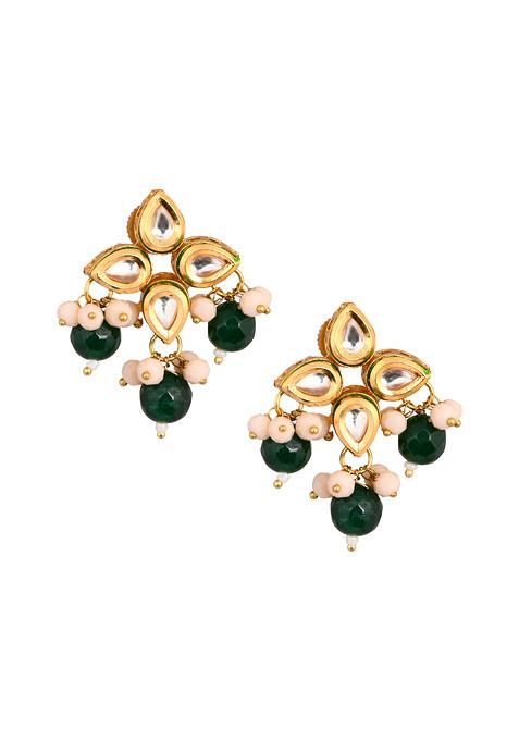 Green Gold Tone Bead Kundan Earrings