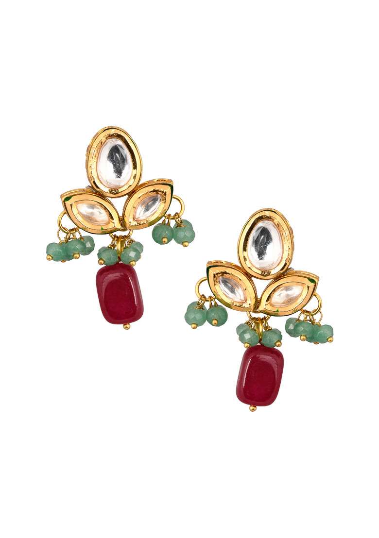 Green Ruby Bead Kundan Earrings - Indya