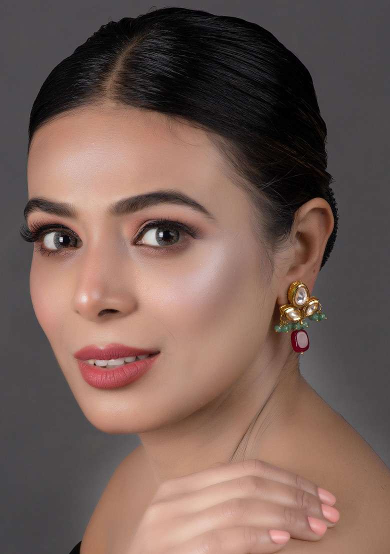 Green Ruby Bead Kundan Earrings - Indya