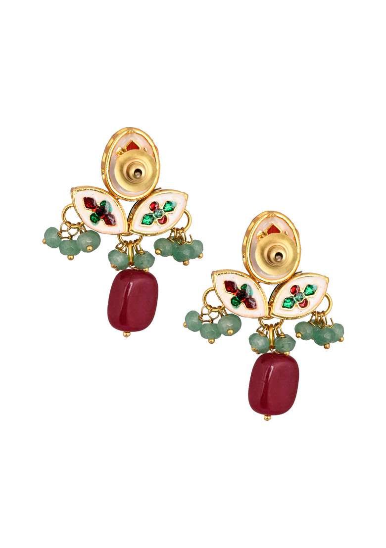 Green Ruby Bead Kundan Earrings - Indya