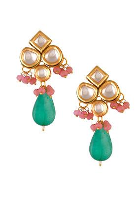 Green And Pink Bead Kundan Earrings