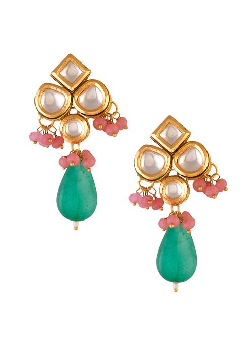 Green And Pink Bead Kundan Earrings