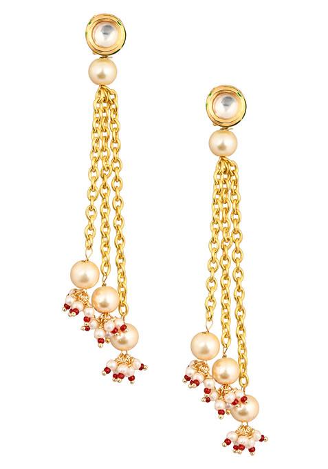 White Gold Tone Kundan Chain Tassel Earrings