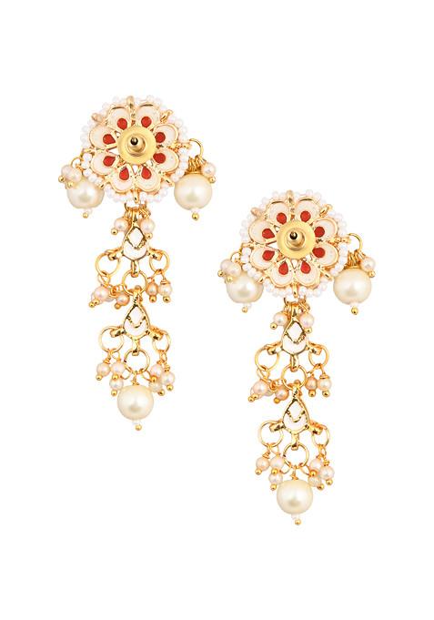 White Gold Tone Pearl Bead Kundan Earrings