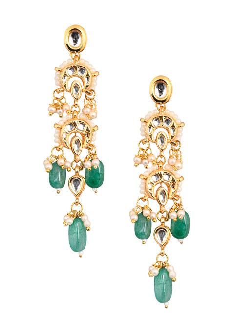 Emerald Gold Tone Bead Kundan Earrings