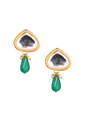 Gold Tone Emerald Bead Kundan Studs Earrings