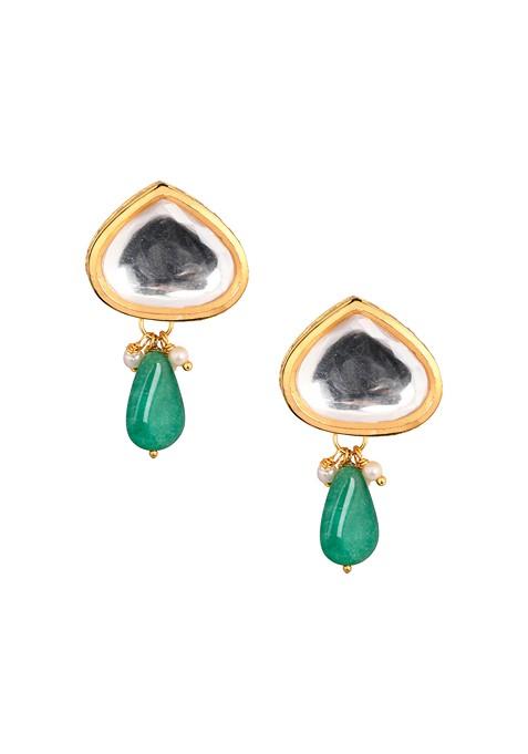 Gold Tone Emerald Bead Kundan Studs Earrings