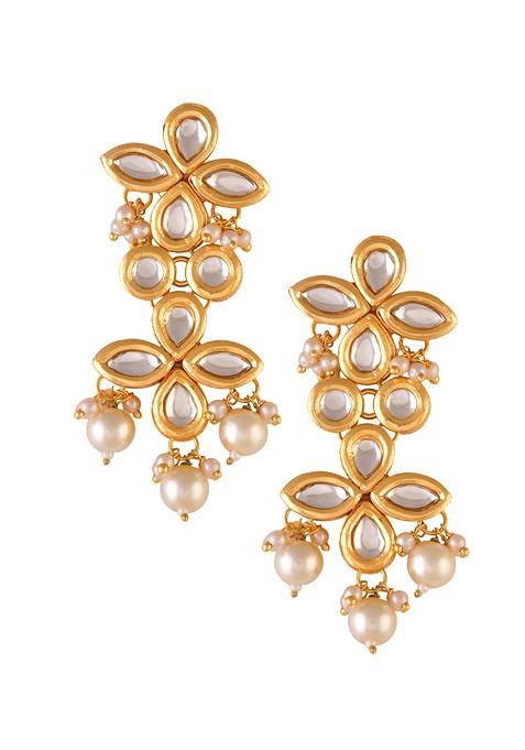 Gold Tone Pearl Bead Kundan Earrings