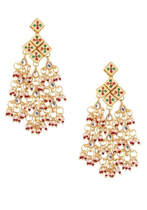 White Kundan Drop Tassel Earrings