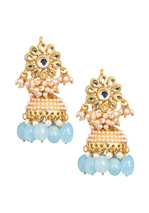 Gold Tone Blue Pearl Bead Kundan Jhumka Earrings