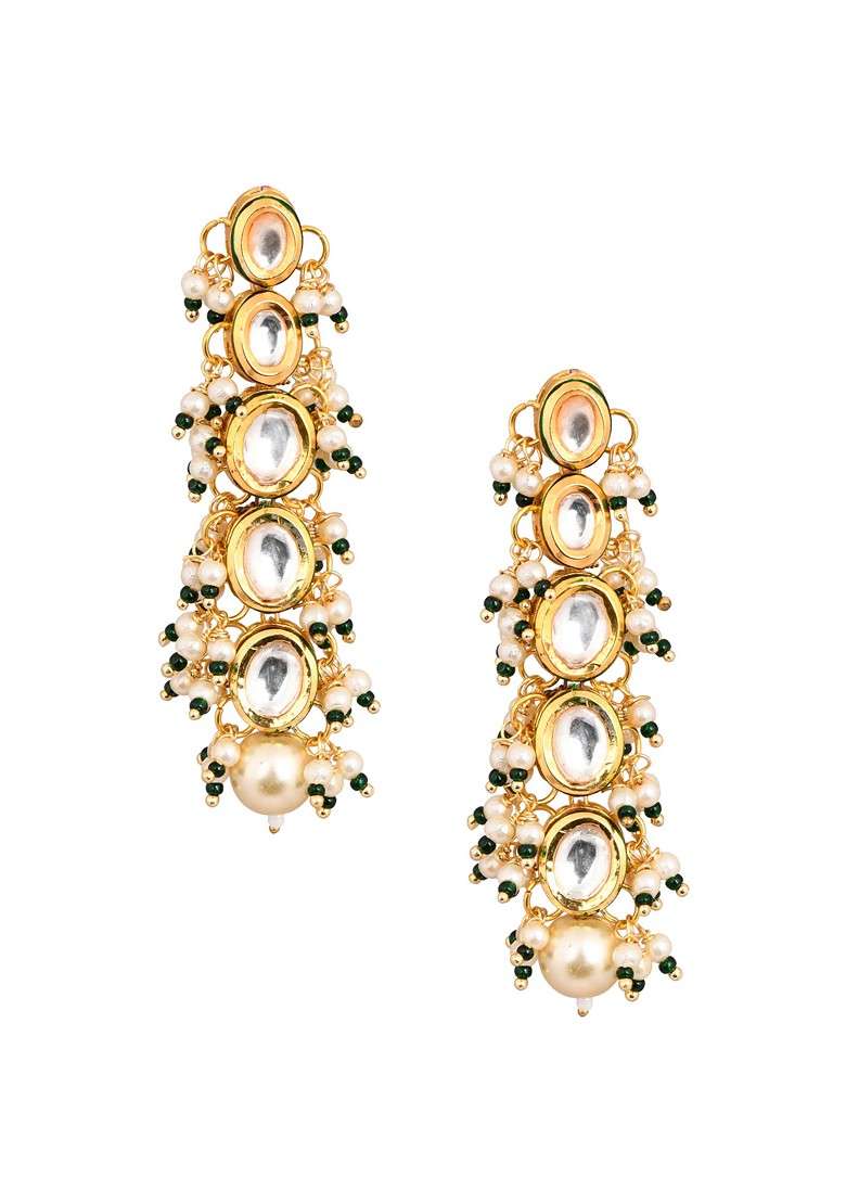 White Gold Tone Pearl Bead Kundan Earrings - Indya