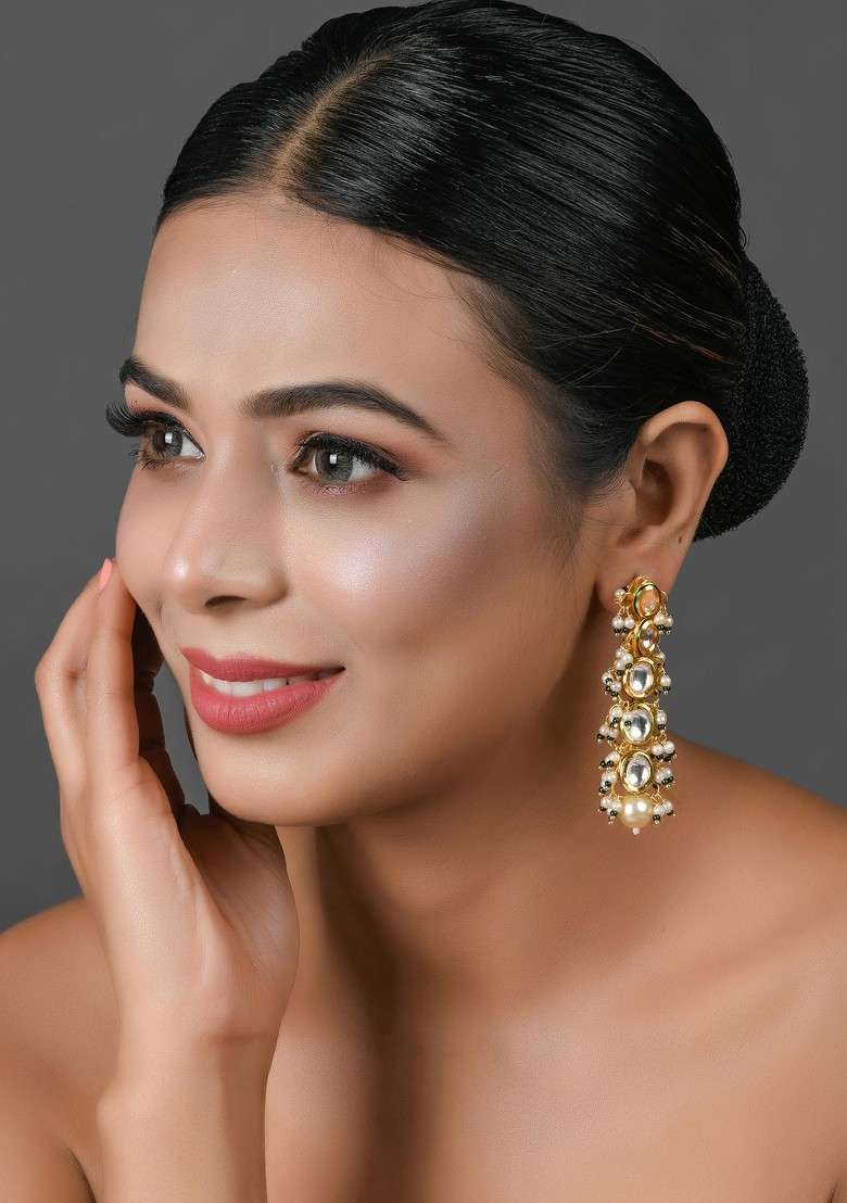 White Gold Tone Pearl Bead Kundan Earrings - Indya