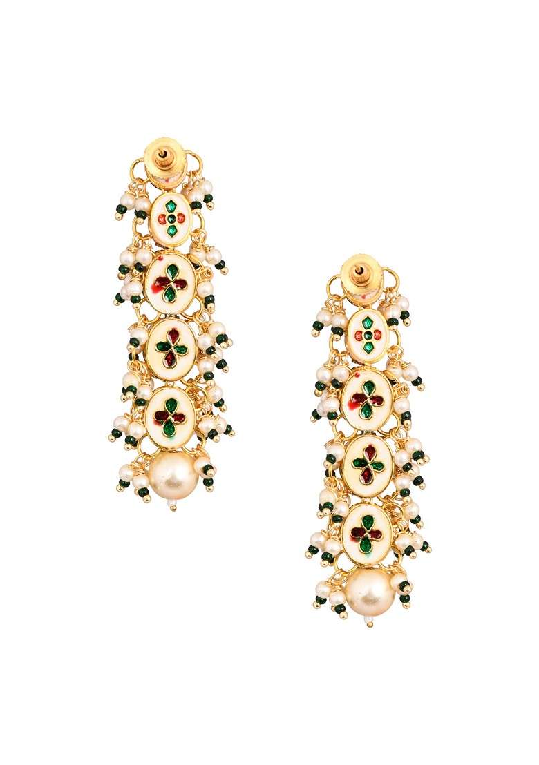 White Gold Tone Pearl Bead Kundan Earrings - Indya