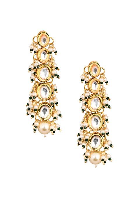 White Gold Tone Pearl Bead Kundan Earrings