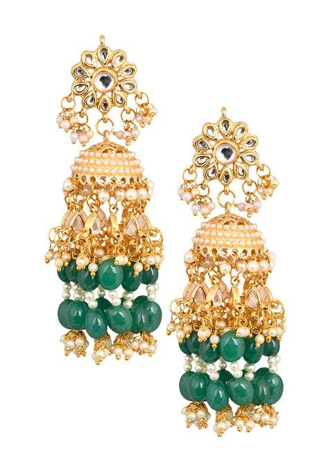 Emerald Pearl Bead Jhumka Earrings