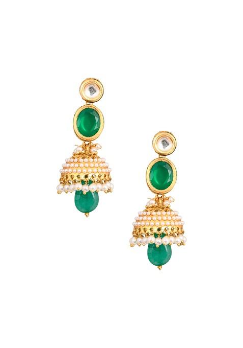 Green Gold Tone Pearl Bead Kundan Jhumka Earrings