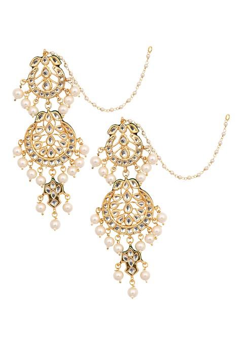 White Pearl Bead Handcrafted Kundan Earrings