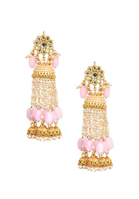 Pink Gold Tone Kundan Jhumka Earrings