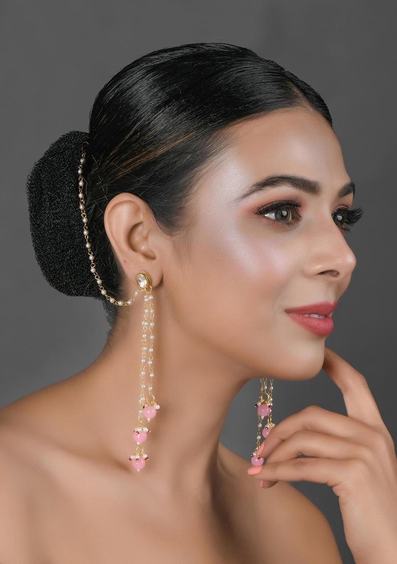 Gold Tone Kundan Pearl Tassel Earrings With Hair Chain - Indya