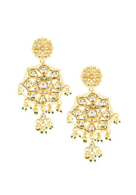 Gold Tone Kundan Circular Drop Earrings