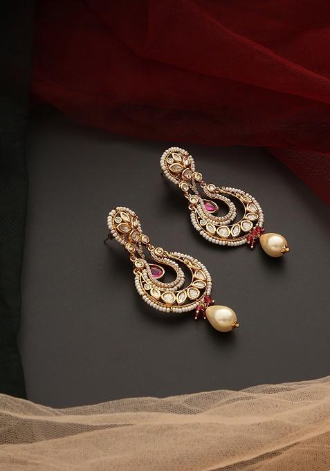 Red Gold Tone Polki Pearl Chandbali Earrings