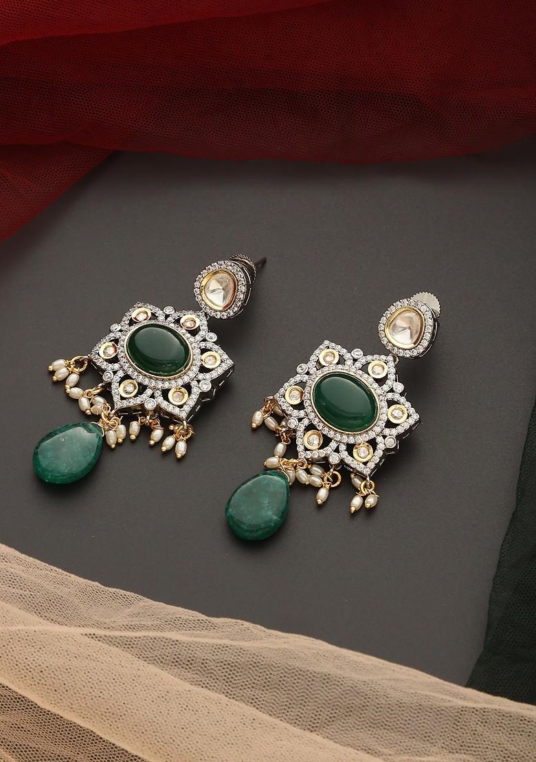 Green Silver Tone Polki Dangler Earrings - Indya