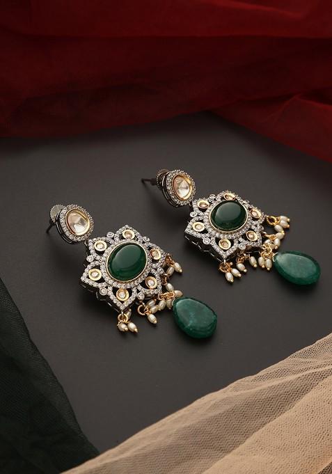 Green Silver Tone Polki Dangler Earrings