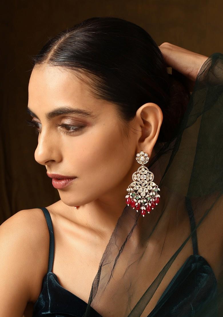 Red Gold Tone Polki Dangler Earrings