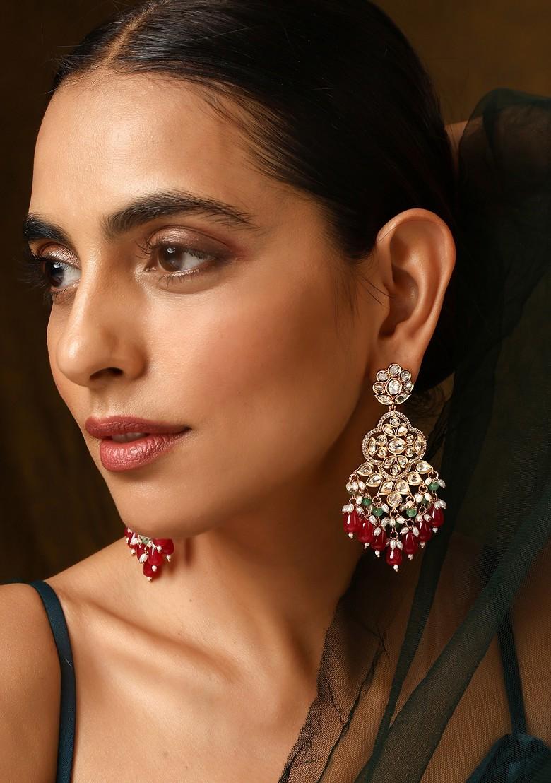 Red Gold Tone Polki Dangler Earrings